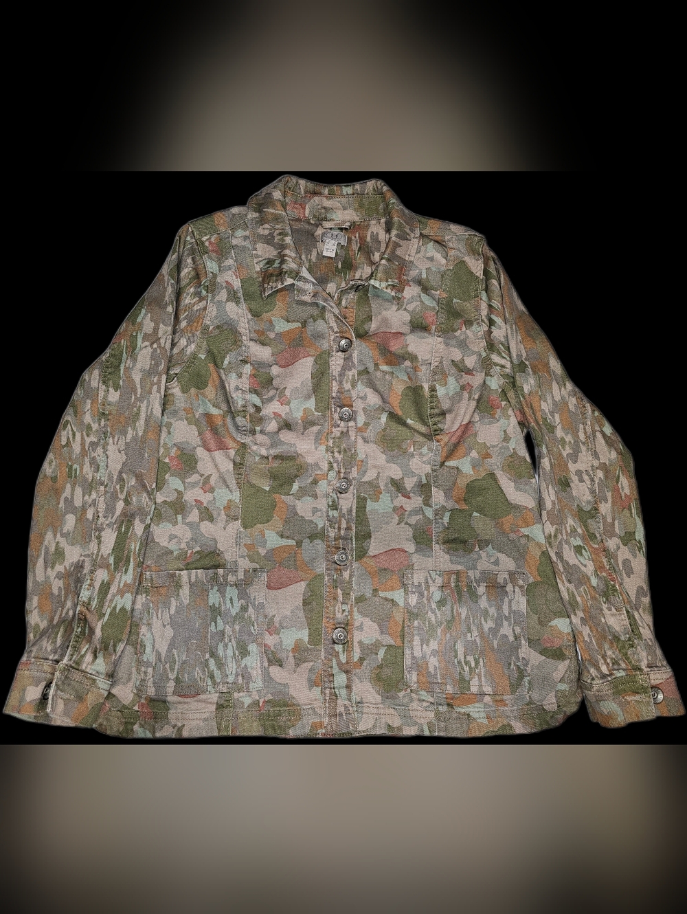 Logo Lori Goldstein Light Weight Camo Print Button Down Jacket Pockets Sz 10